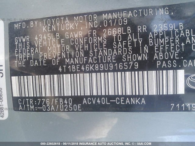 4T1BE46K89U916579 - 2009 TOYOTA CAMRY SE/LE/XLE 浅蓝色 照片 9