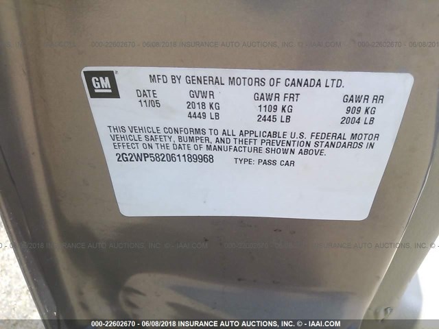 2G2WP582061189968 - 2006 PONTIAC GRAND PRIX TAN photo 9