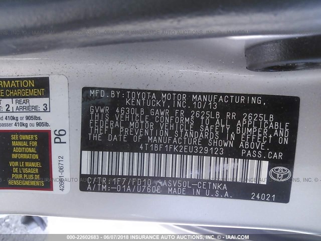 4T1BF1FK2EU329123 - 2014 TOYOTA CAMRY L/SE/LE/XLE 银色 照片 9