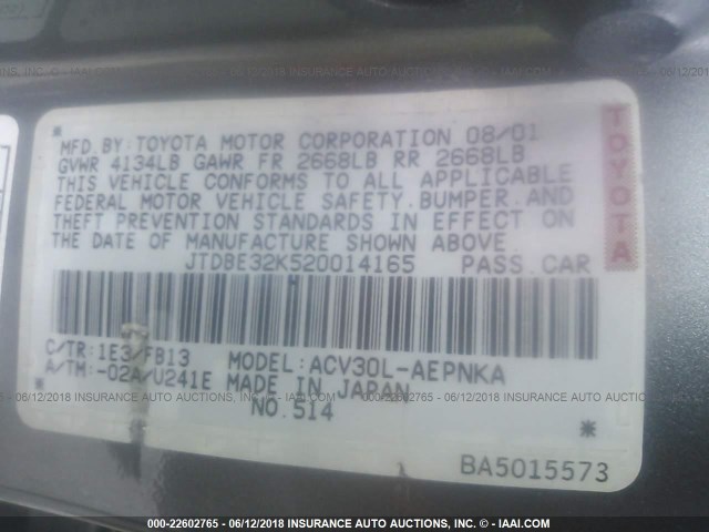 JTDBE32K520014165 - 2002 TOYOTA CAMRY LE/XLE/SE Boz foto 9