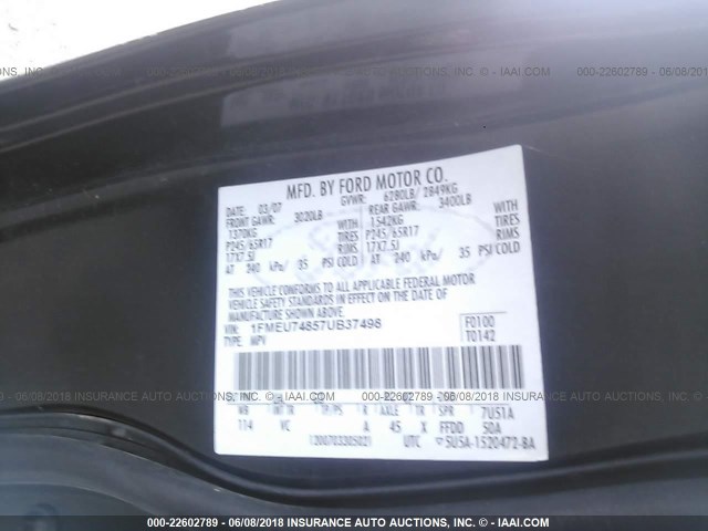 1FMEU74857UB37498 - 2007 FORD EXPLORER EDDIE BAUER BLACK photo 9