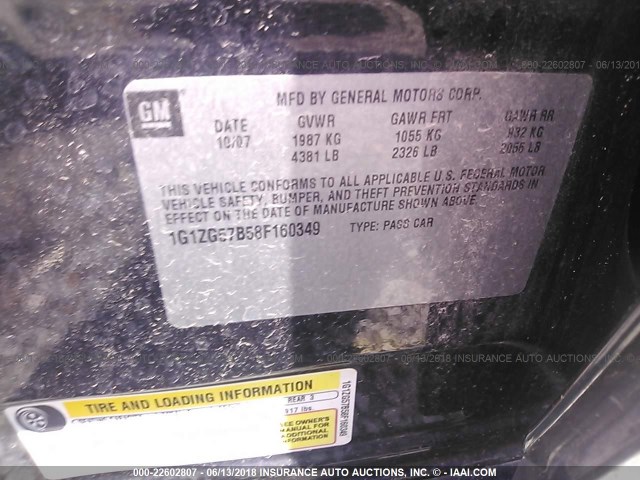 1G1ZG57B58F160349 - 2008 CHEVROLET MALIBU LS BLACK photo 9