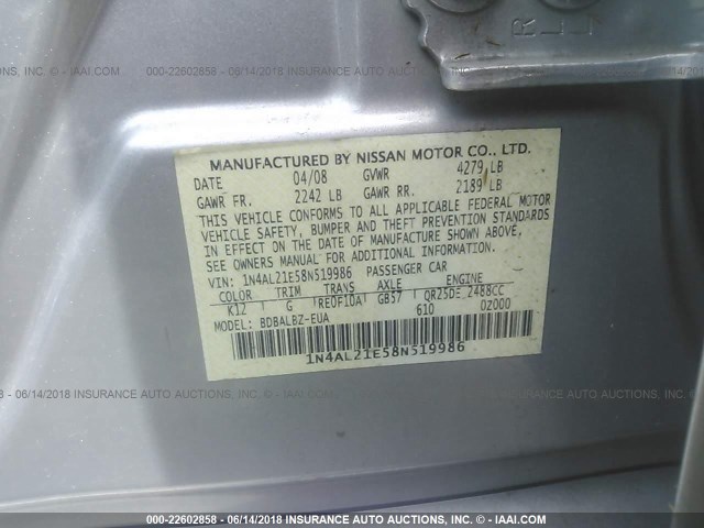 1N4AL21E58N519986 - 2008 NISSAN ALTIMA 2.5/2.5S SILVER photo 9