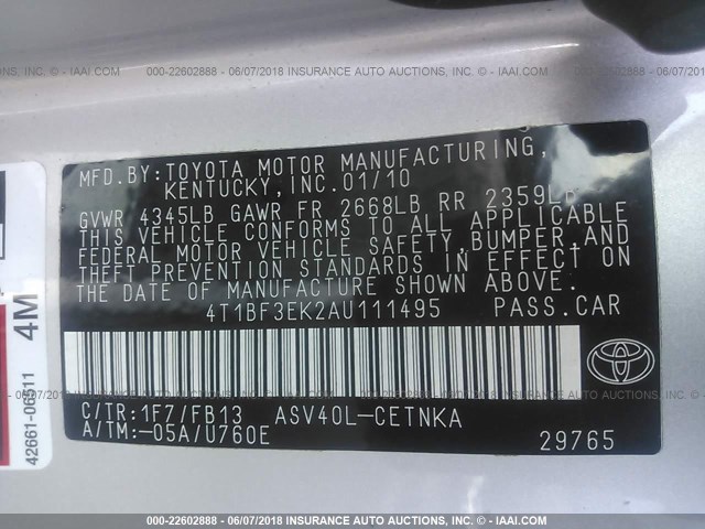 4T1BF3EK2AU111495 - 2010 TOYOTA CAMRY SE/LE/XLE ვერცხლისფერი ფოტო 9