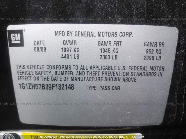 1G1ZH57B09F132148 - 2009 CHEVROLET MALIBU 1LT 黑色 照片 9