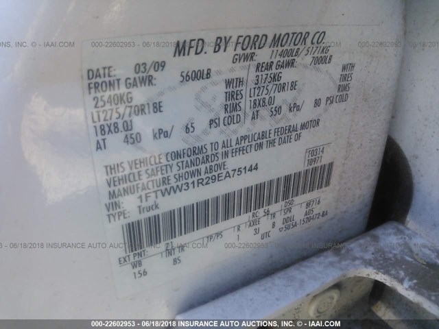 1FTWW31R29EA75144 - 2009 FORD F350 SUPER DUTY WHITE photo 10