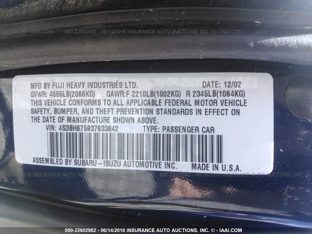 4S3BH675937633842 - 2003 SUBARU LEGACY OUTBACK AWP 深蓝色 照片 9