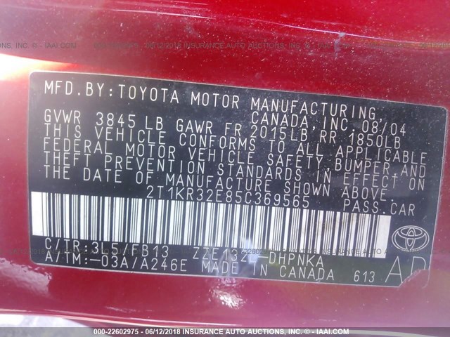 2T1KR32E85C369565 - 2005 TOYOTA COROLLA MATRIX XR RED photo 9