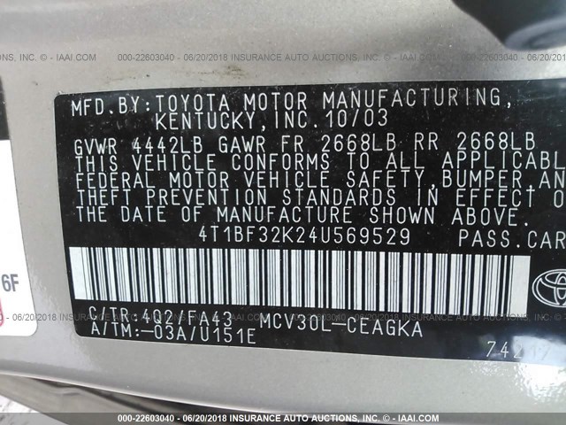 4T1BF32K24U569529 - 2004 TOYOTA CAMRY LE/XLE/SE Qızıl foto 9