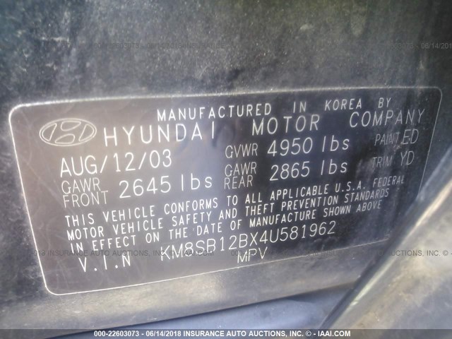 KM8SB12BX4U581962 - 2004 HYUNDAI SANTA FE GL BLACK photo 9