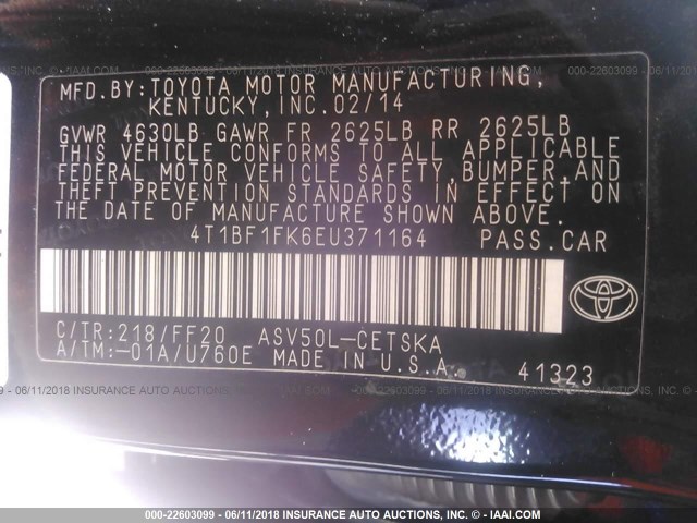 4T1BF1FK6EU371164 - 2014 TOYOTA CAMRY L/SE/LE/XLE 黑色 照片 9