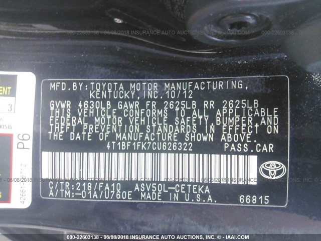 4T1BF1FK7CU626322 - 2012 TOYOTA CAMRY SE/LE/XLE BLACK photo 9