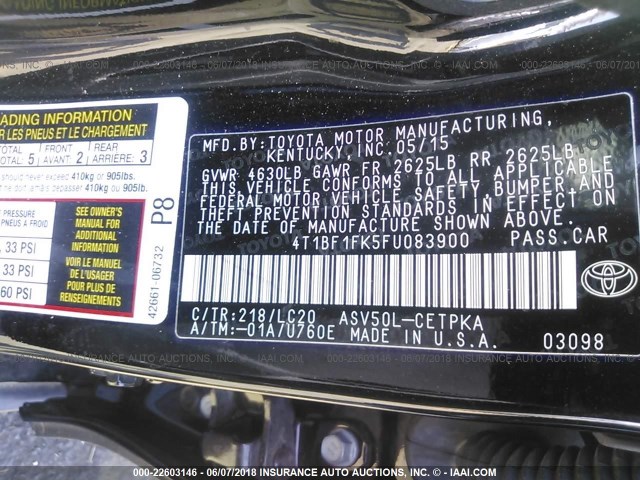 4T1BF1FK5FU083900 - 2015 TOYOTA CAMRY LE/XLE/SE/XSE BLACK photo 9