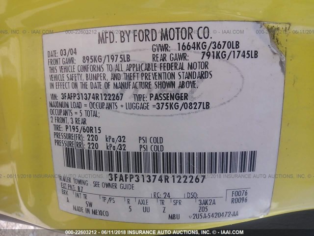 3FAFP31374R122267 - 2004 FORD FOCUS ZX3 YELLOW photo 9
