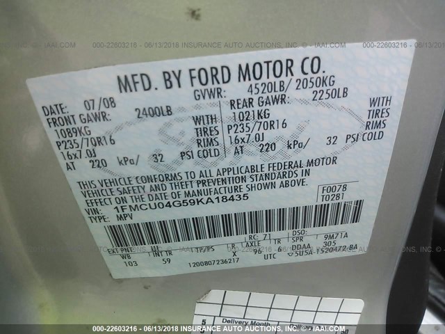 1FMCU04G59KA18435 - 2009 FORD ESCAPE LIMITED SILVER photo 9