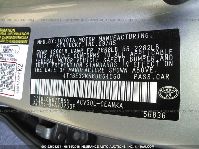4T1BE32K56U664060 - 2006 TOYOTA CAMRY LE/XLE/SE Boz foto 9