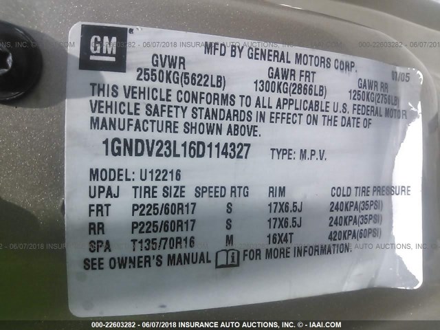 1GNDV23L16D114327 - 2006 CHEVROLET UPLANDER LS TAN photo 9