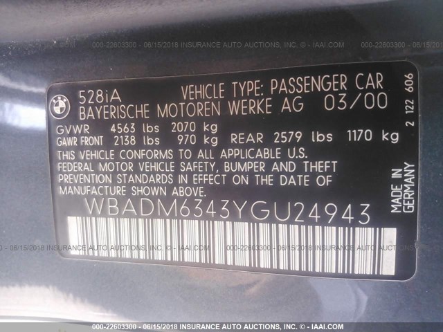 WBADM6343YGU24943 - 2000 BMW 528 I AUTOMATIC BLUE photo 9