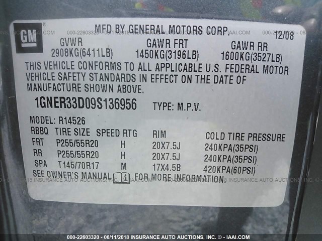 1GNER33D09S136956 - 2009 CHEVROLET TRAVERSE LTZ GRAY photo 9