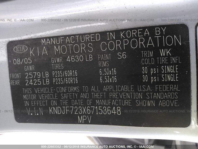 KNDJF723X67153648 - 2006 KIA NEW SPORTAGE  SILVER photo 9