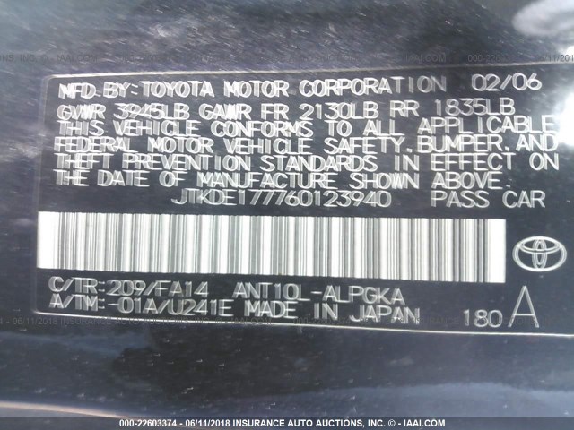 JTKDE177760123940 - 2006 TOYOTA SCION TC 黑色 照片 9