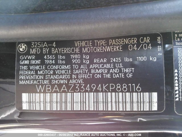 WBAAZ33494KP88116 - 2004 BMW 325 IS SULEV BLACK photo 9