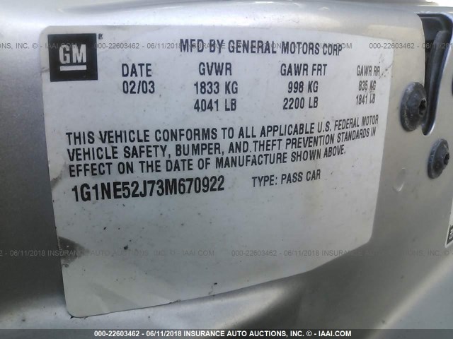 1G1NE52J73M670922 - 2003 CHEVROLET MALIBU LS 银色 照片 9