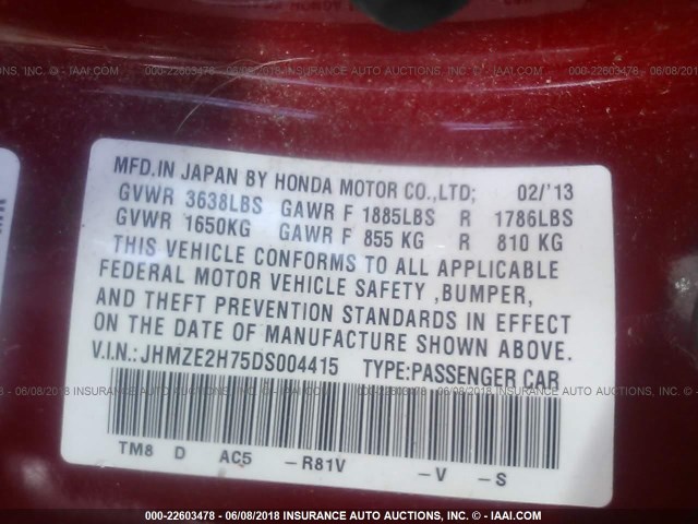 JHMZE2H75DS004415 - 2013 HONDA INSIGHT EX RED photo 9