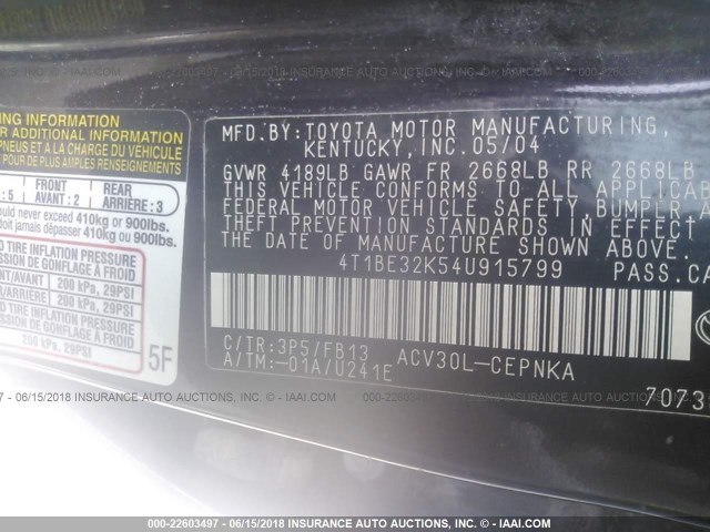 4T1BE32K54U915799 - 2004 TOYOTA CAMRY LE/XLE/SE 黑色 照片 9