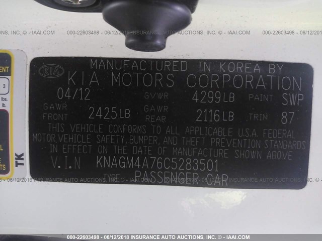 KNAGM4A76C5283501 - 2012 KIA OPTIMA LX WHITE photo 9