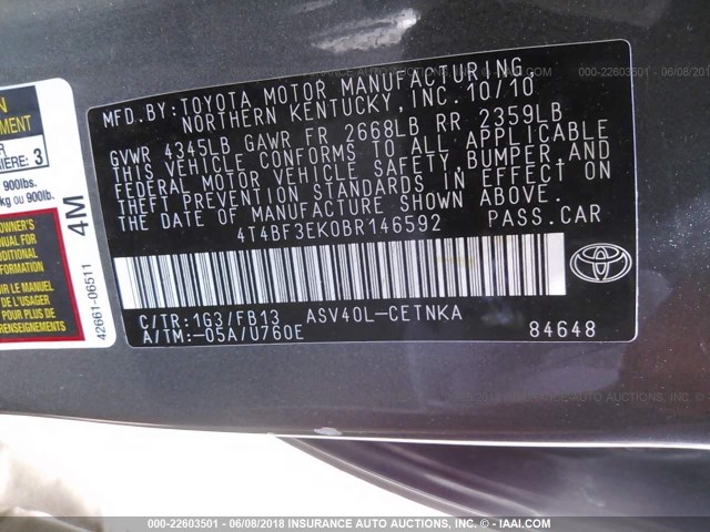 4T4BF3EK0BR146592 - 2011 TOYOTA CAMRY SE/LE/XLE 灰色 照片 9