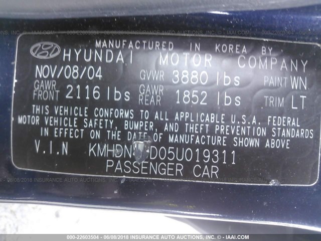 KMHDN46D05U019311 - 2005 HYUNDAI ELANTRA GLS/GT PURPLE photo 9