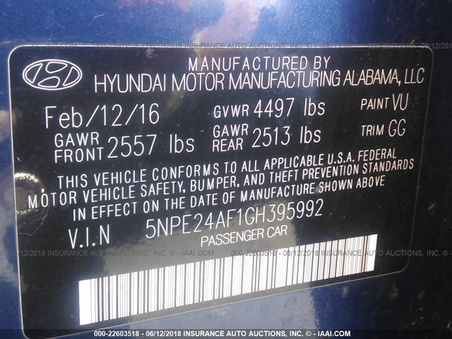 5NPE24AF1GH395992 - 2016 HYUNDAI SONATA SE BLUE photo 9