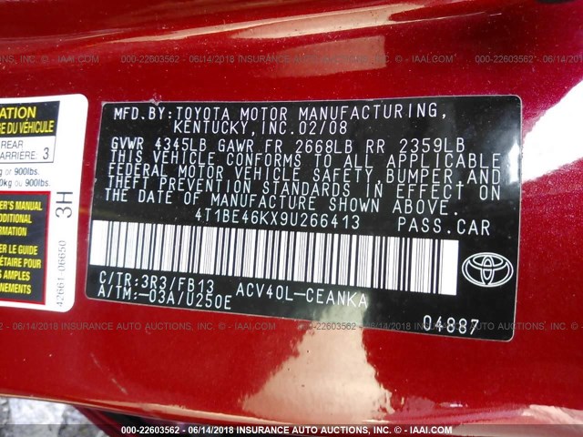 4T1BE46KX9U266413 - 2009 TOYOTA CAMRY SE/LE/XLE RED photo 9