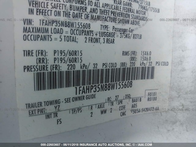 1FAHP35N88W155608 - 2008 FORD FOCUS SE/SEL/SES WHITE photo 9