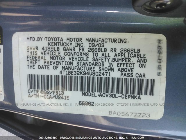 4T1BE32K94U802471 - 2004 TOYOTA CAMRY LE/XLE/SE 蓝色 照片 9