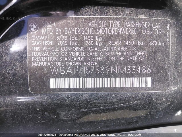 WBAPH57589NM33486 - 2009 BMW 328 I SULEV BLACK photo 9