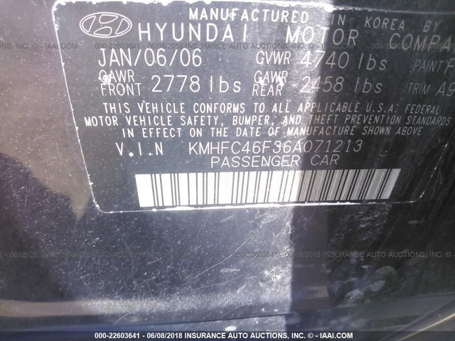 KMHFC46F36A071213 - 2006 HYUNDAI AZERA SE/LIMITED PURPLE photo 9