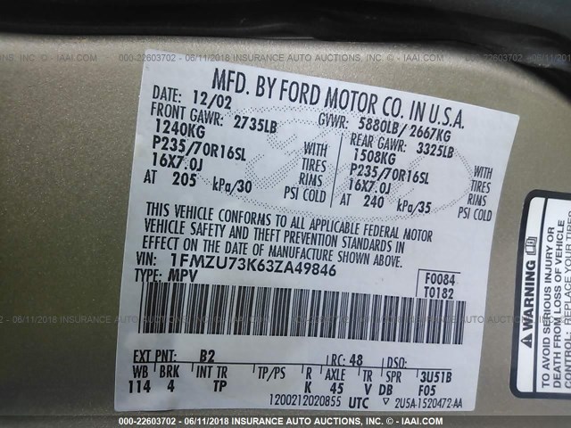 1FMZU73K63ZA49846 - 2003 FORD EXPLORER XLT/XLT SPORT/NBX 棕色 照片 9