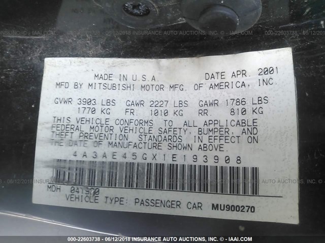 4A3AE45GX1E193908 - 2001 MITSUBISHI ECLIPSE SPYDER GS 黑色 照片 9