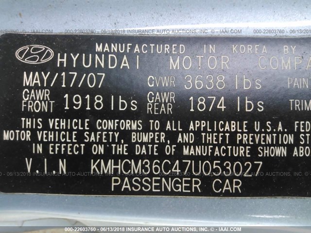 KMHCM36C47U053027 - 2007 HYUNDAI ACCENT GS Light Blue photo 9