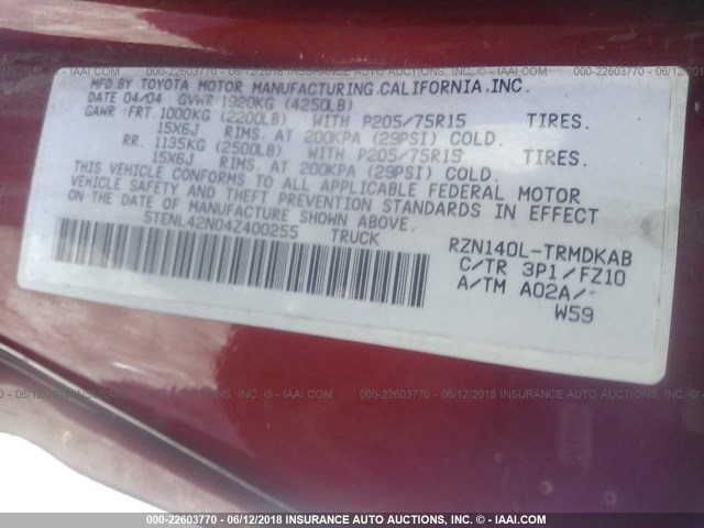 5TENL42N04Z400255 - 2004 TOYOTA TACOMA RED photo 9