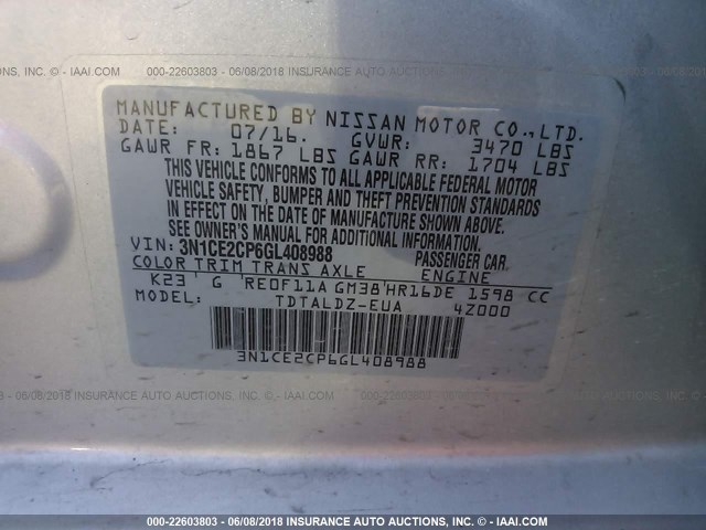 3N1CE2CP6GL408988 - 2016 NISSAN VERSA NOTE S/S PLUS/SV/SL/SR SILVER photo 9