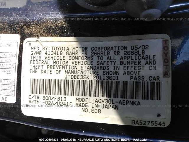 JTDBE32K120113601 - 2002 TOYOTA CAMRY LE/XLE/SE ლურჯი ფოტო 9