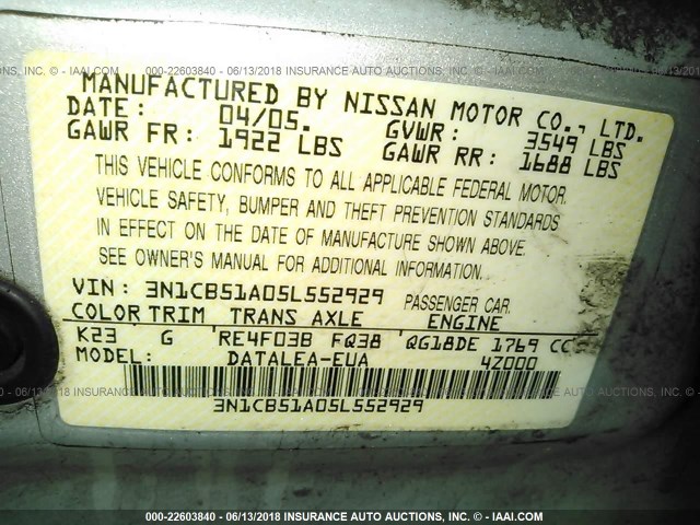 3N1CB51A05L552929 - 2005 NISSAN SENTRA 1.8S SILVER photo 9