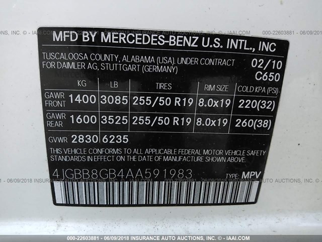 4JGBB8GB4AA591983 - 2010 MERCEDES-BENZ ML 350 4MATIC WHITE photo 9