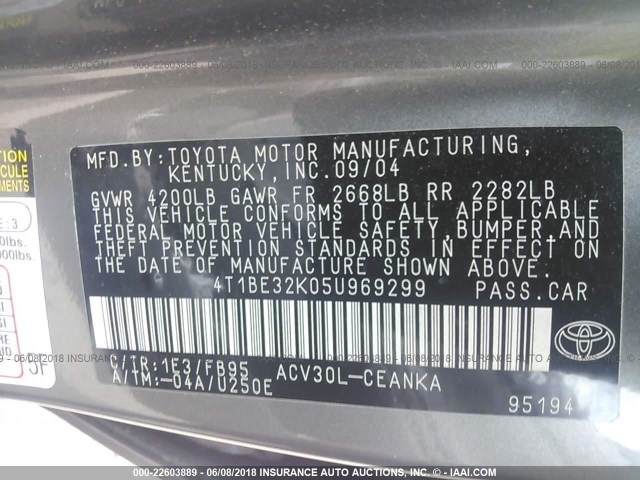 4T1BE32K05U969299 - 2005 TOYOTA CAMRY LE/XLE/SE ნაცრისფერი ფოტო 9