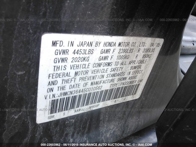 JHMCN36445C010562 - 2005 HONDA ACCORD HYBRID GRAY photo 9