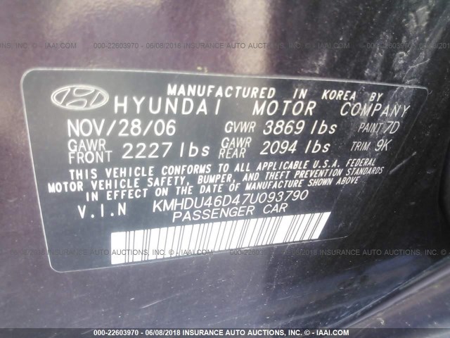 KMHDU46D47U093790 - 2007 HYUNDAI ELANTRA GLS/SE/LIMITED PURPLE photo 9