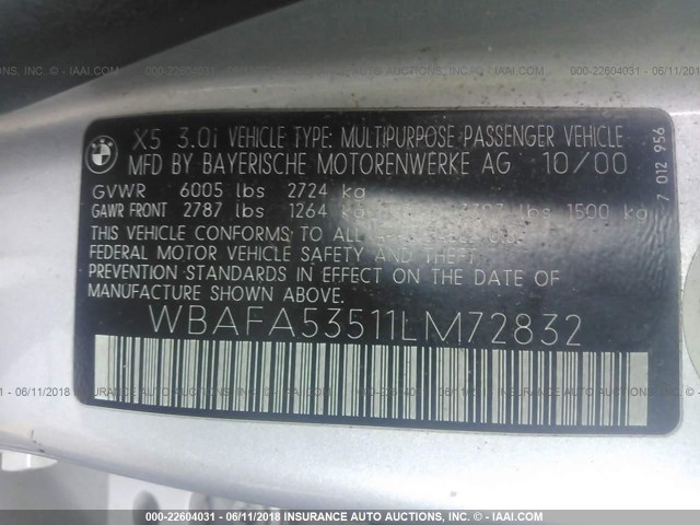 WBAFA53511LM72832 - 2001 BMW X5 3.0I SILVER photo 9